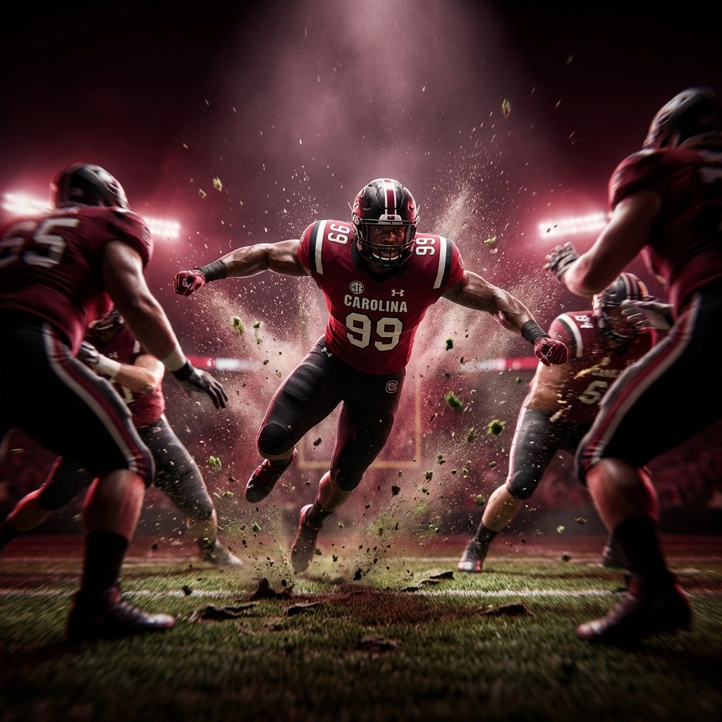 South Carolina defensive tackle powers through an offensive line under stadium lights, highlighting 2026 lineman recruits.