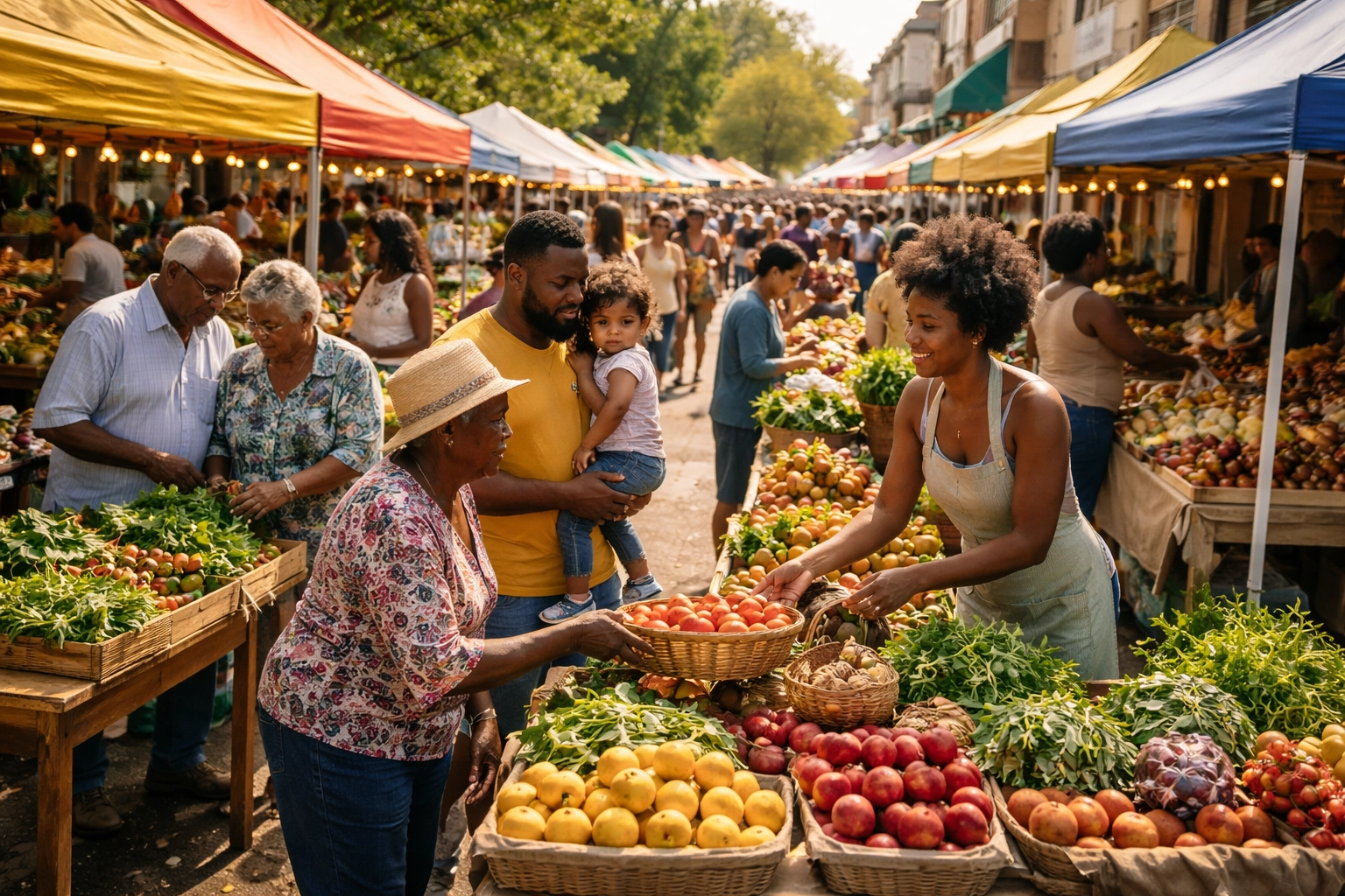 Black-owned marketplace bustling with vendors and families, illustrating local economic empowerment.