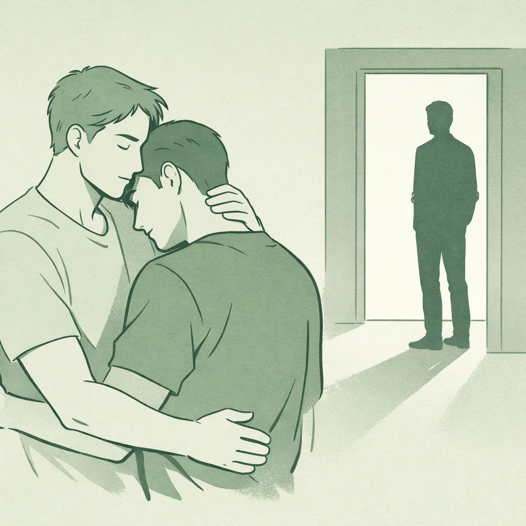 Two men in secret embrace while third partner watches unseen - MM romance psychological thriller