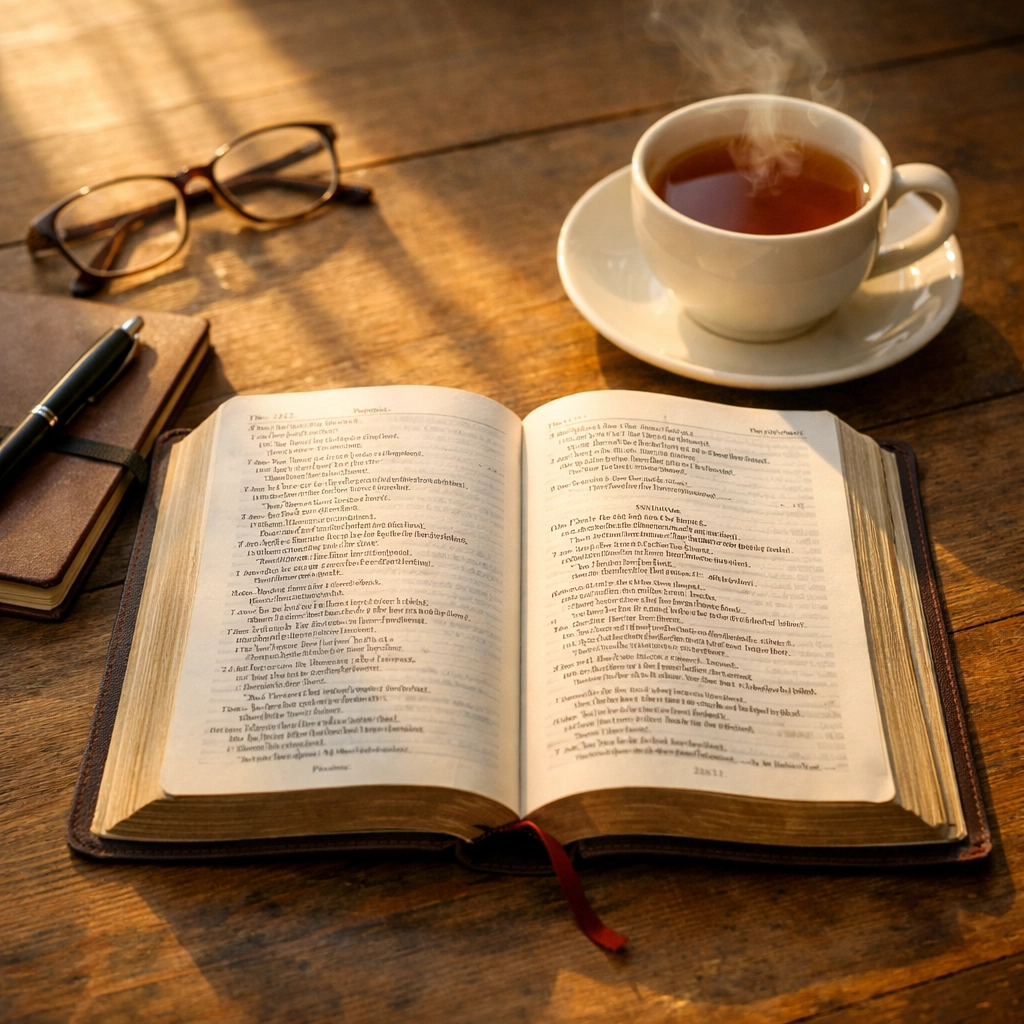 Open Bible with tea and journal on wooden table for peaceful morning devotion time