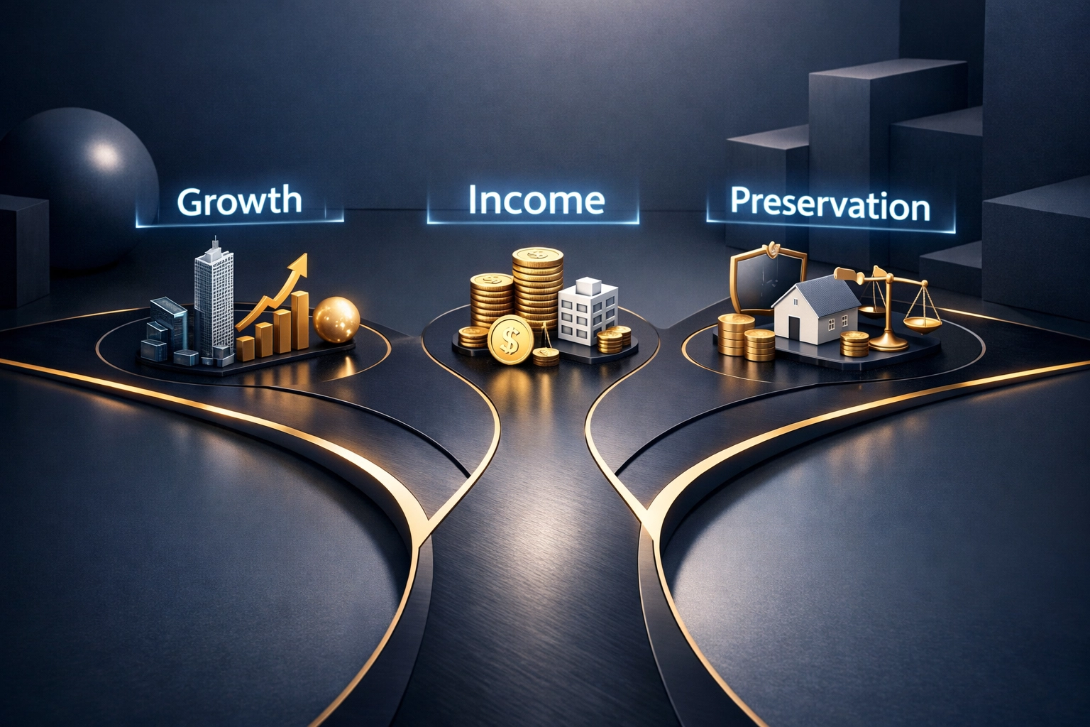Three investment pathways showing growth, income, and preservation strategies for alternative investments