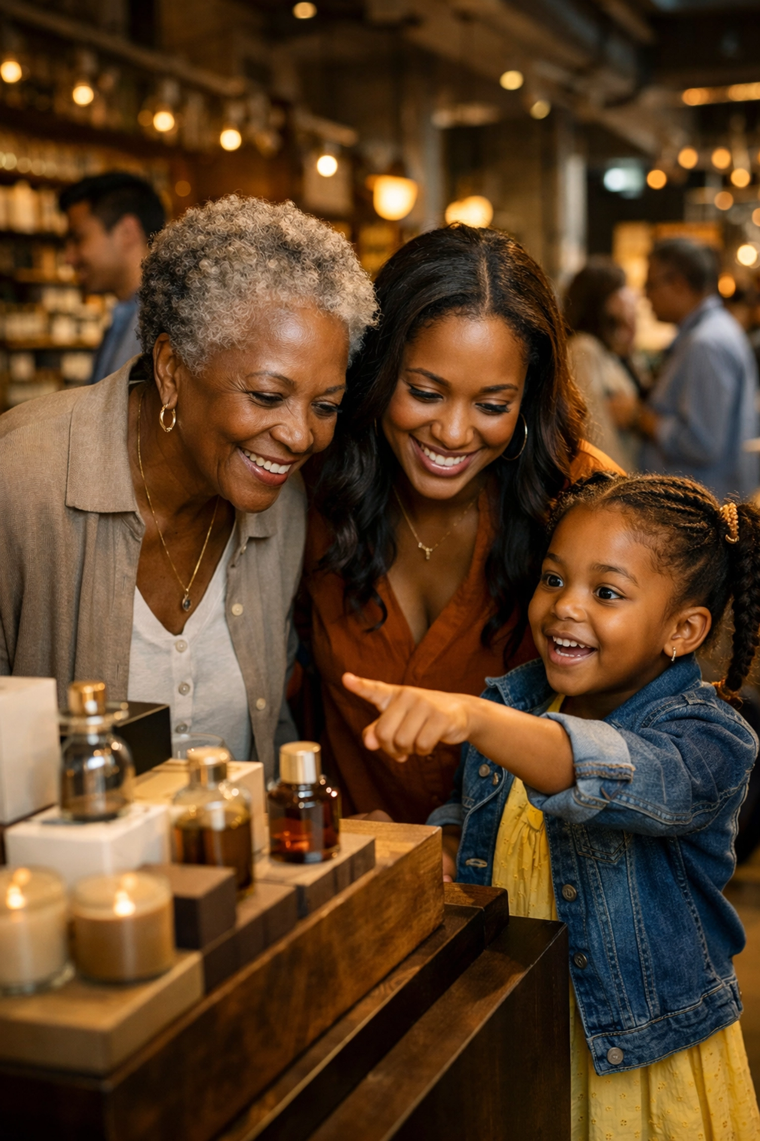 Multi-generational Black family shopping together supporting Black-owned marketplace
