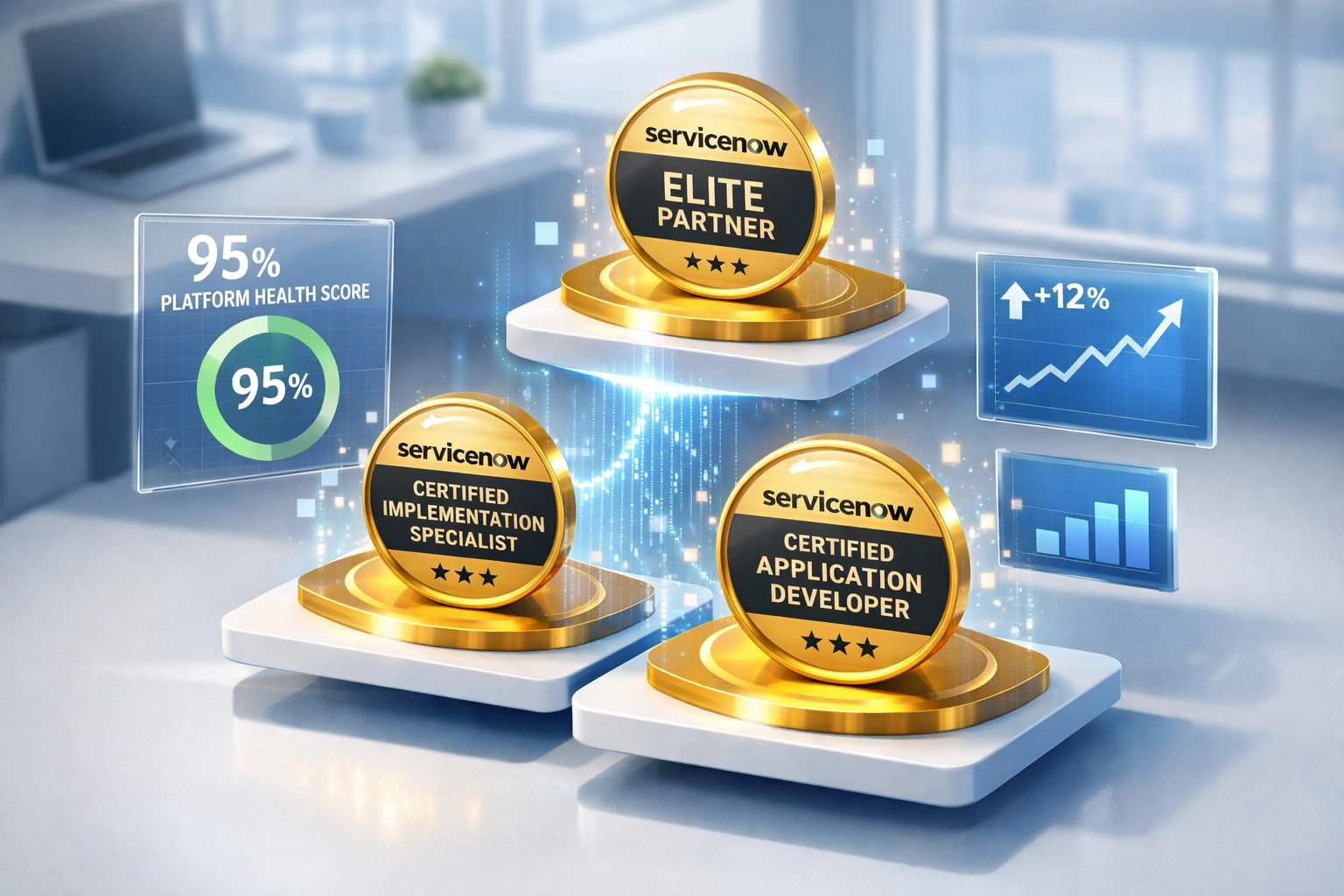 ServiceNow Elite partnership certification badges with 95% platform health performance metrics