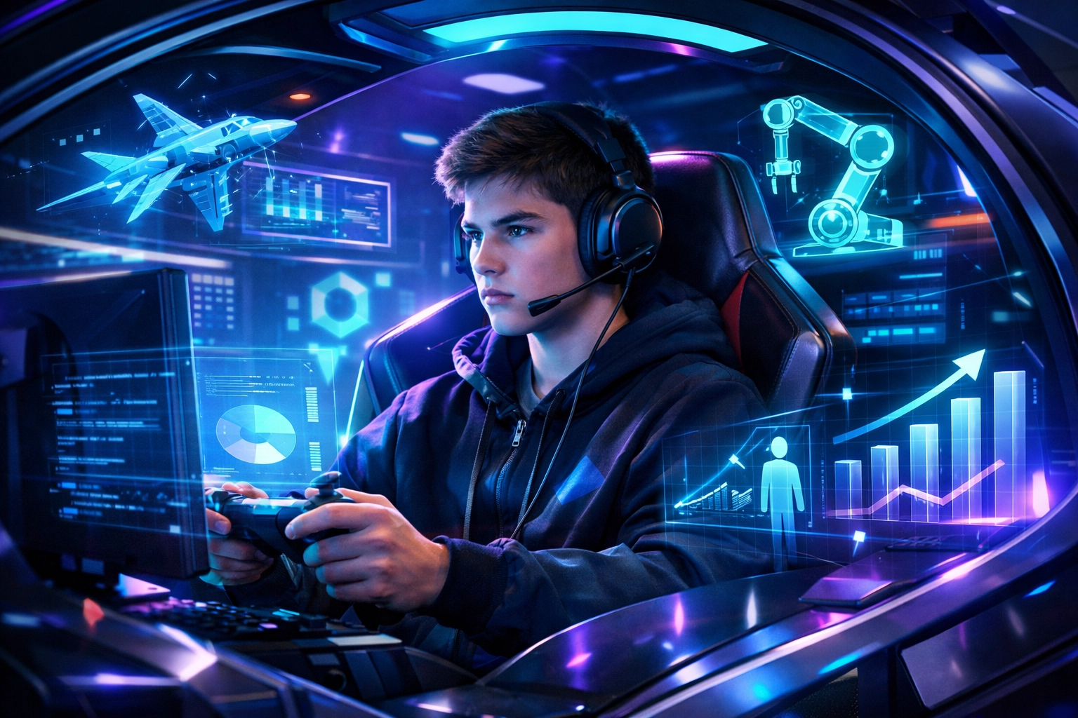 High school student in an AI-powered esports pod with holographic STEM career pathways and engagement analytics.