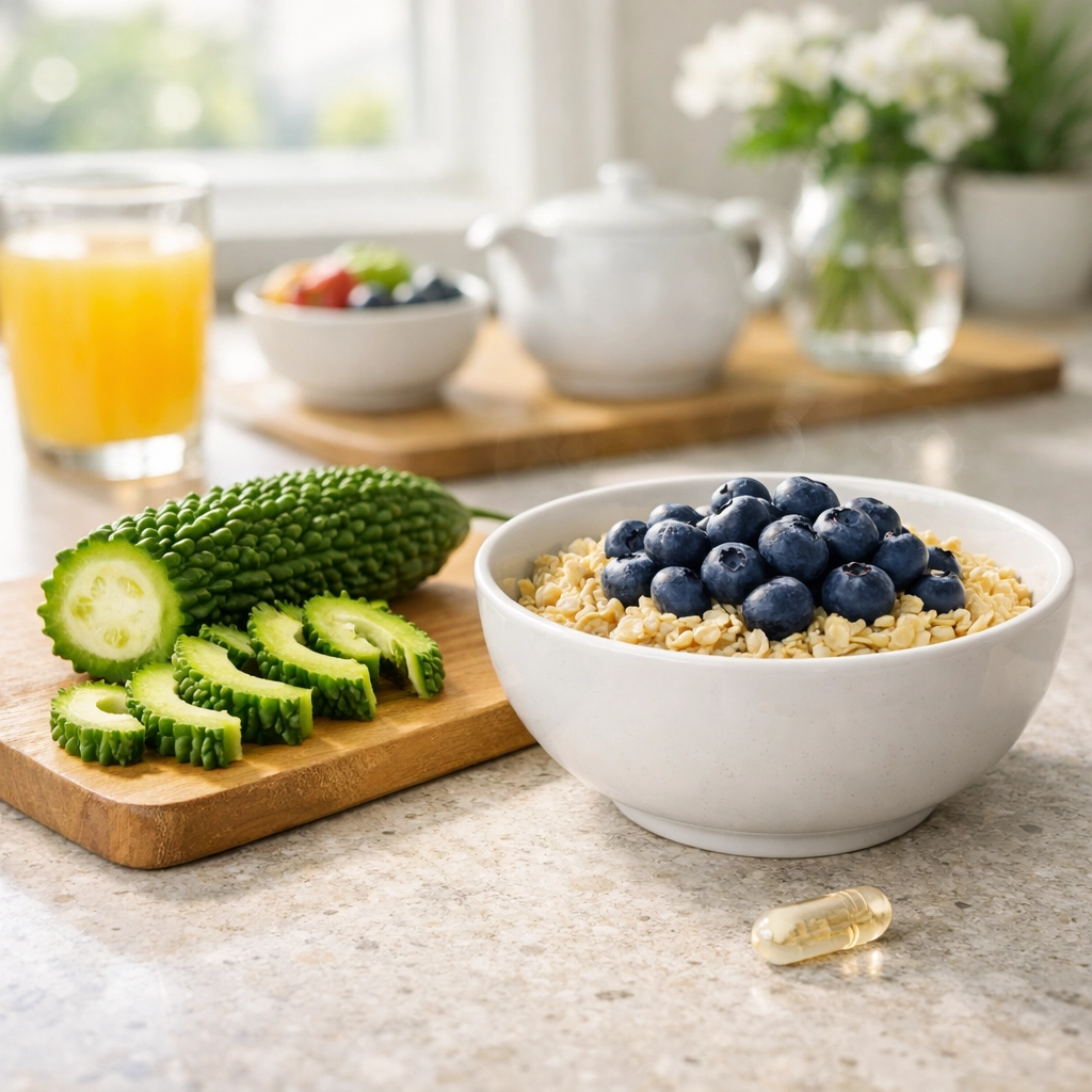 Fresh sliced bitter melon and a supplement capsule next to breakfast for holistic blood sugar support.