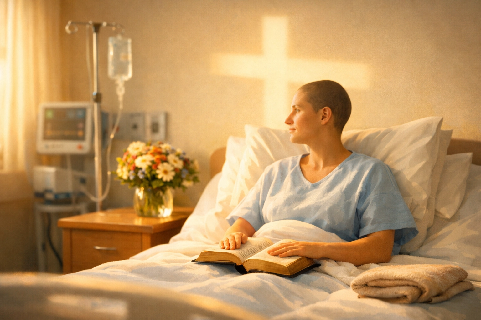 Patient reading a Bible in a peaceful hospital room sanctuary during morning recovery.