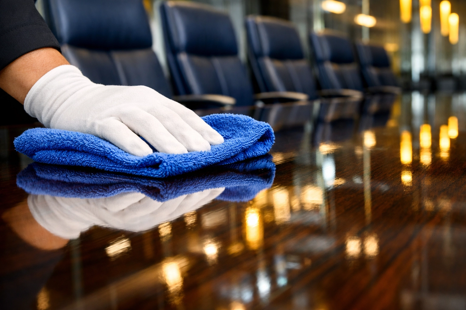 Professional office cleaning team sanitizing and polishing a conference room table in Milford, Massachusetts.