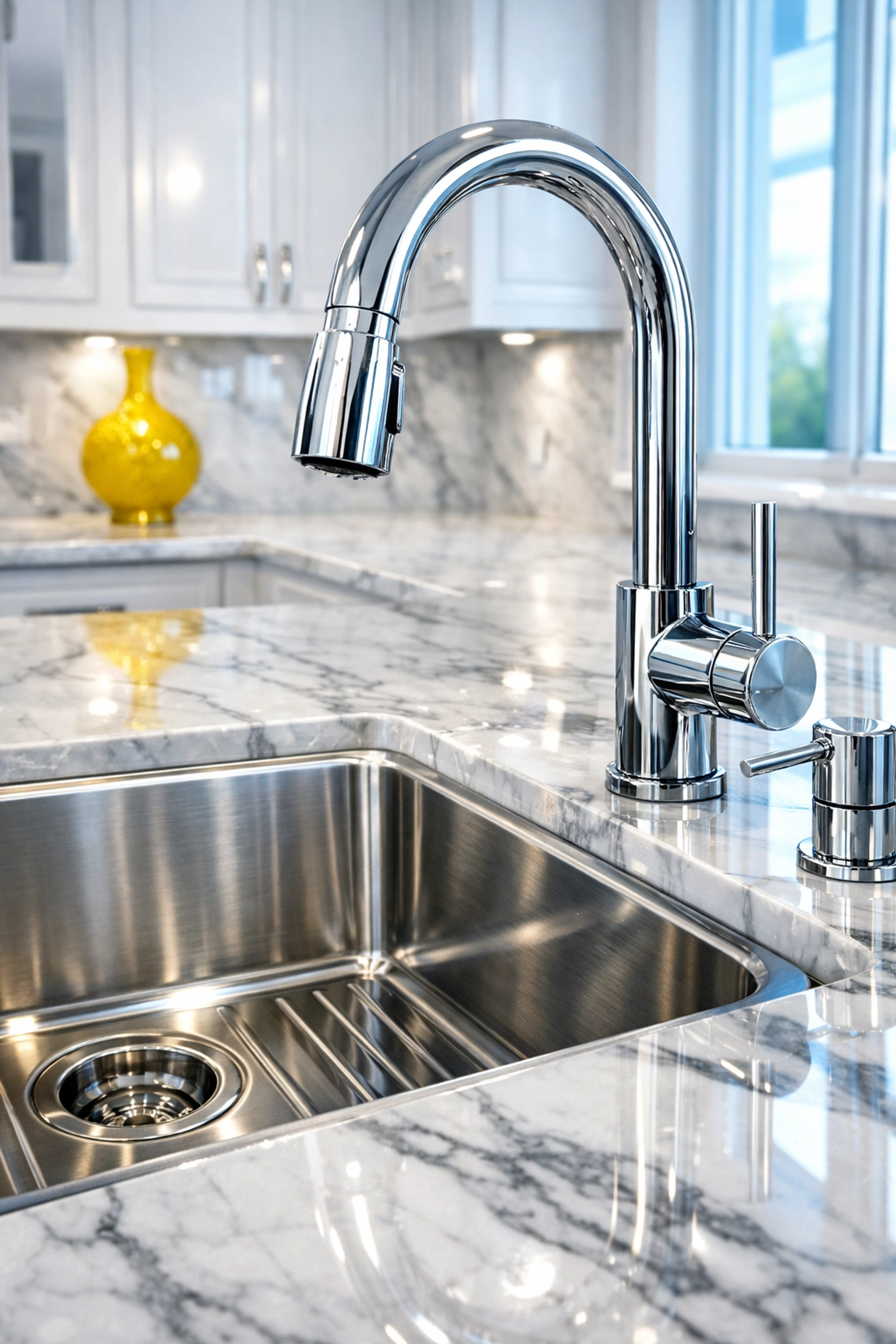 Immaculate luxury kitchen sink and marble countertops showing a high-standard move-out deep clean.