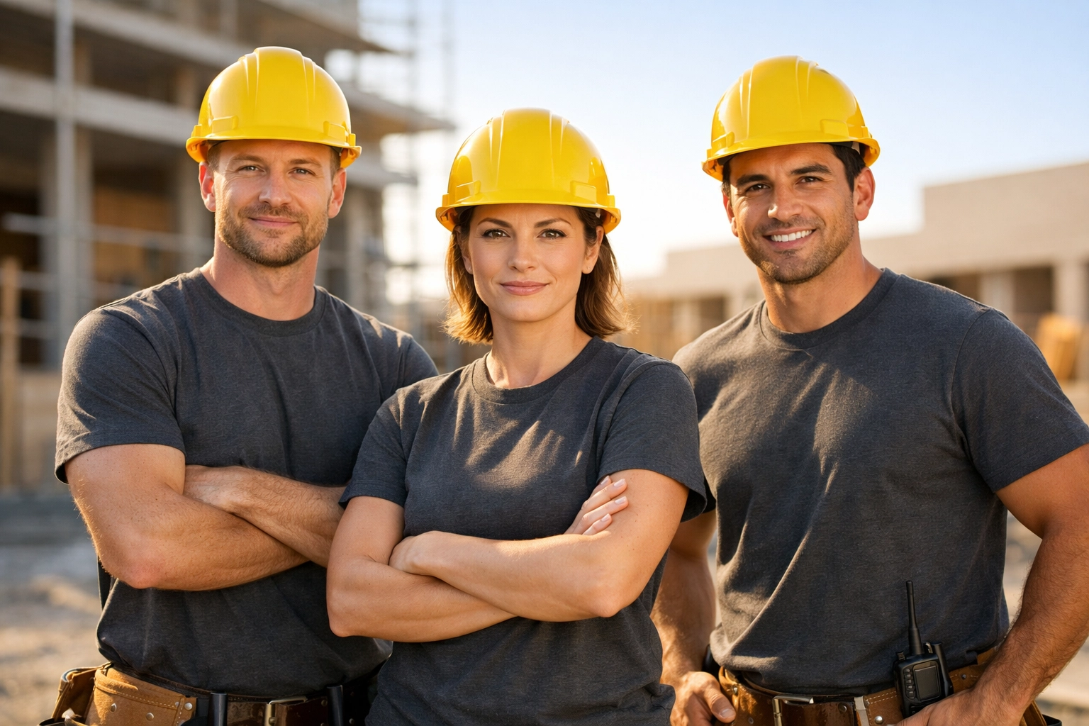 A professional crew wearing bulk custom t shirts on a job site to build brand authority and trust.