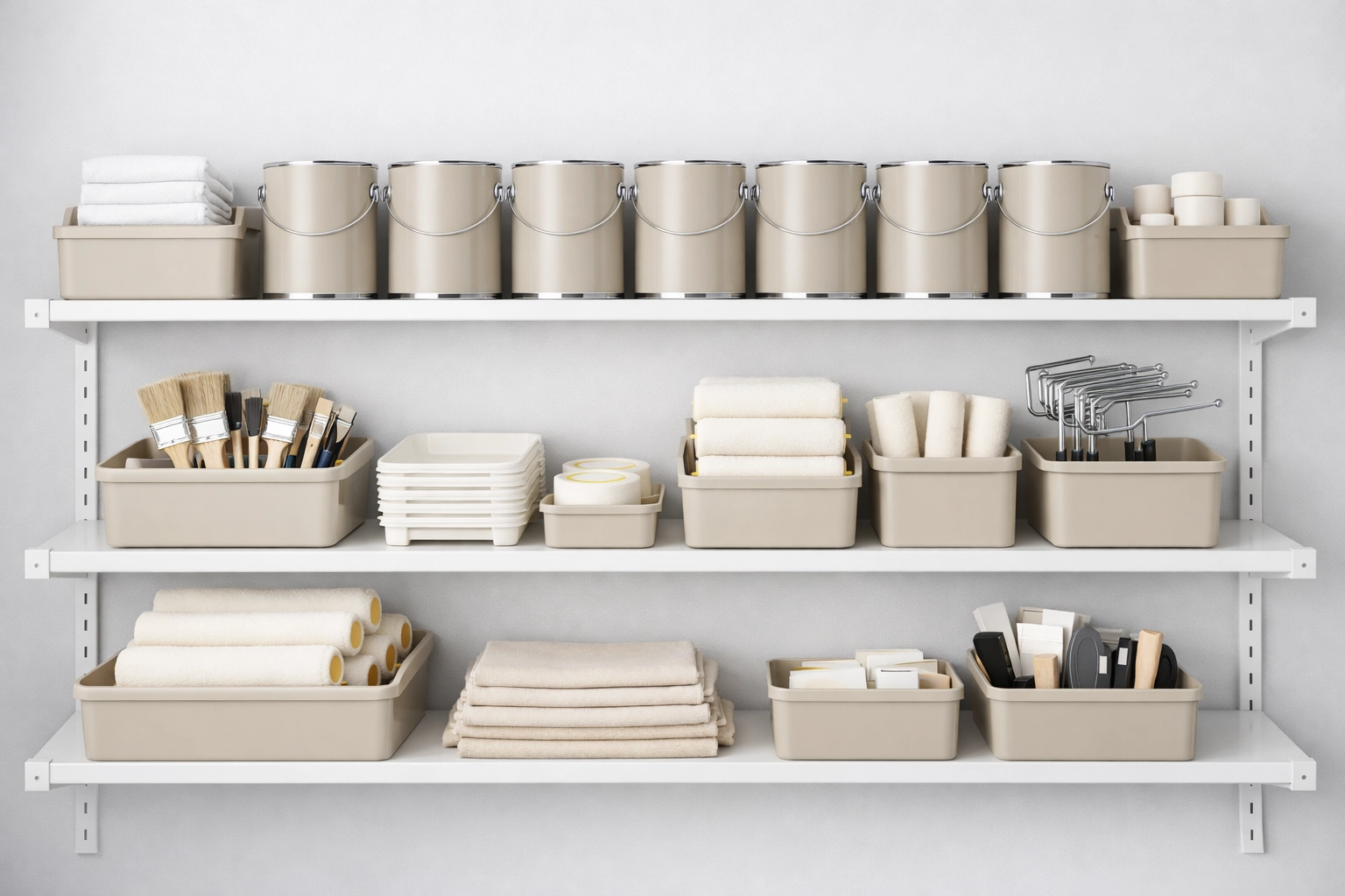 Standardized paint supplies and equipment organized for faster apartment turnovers