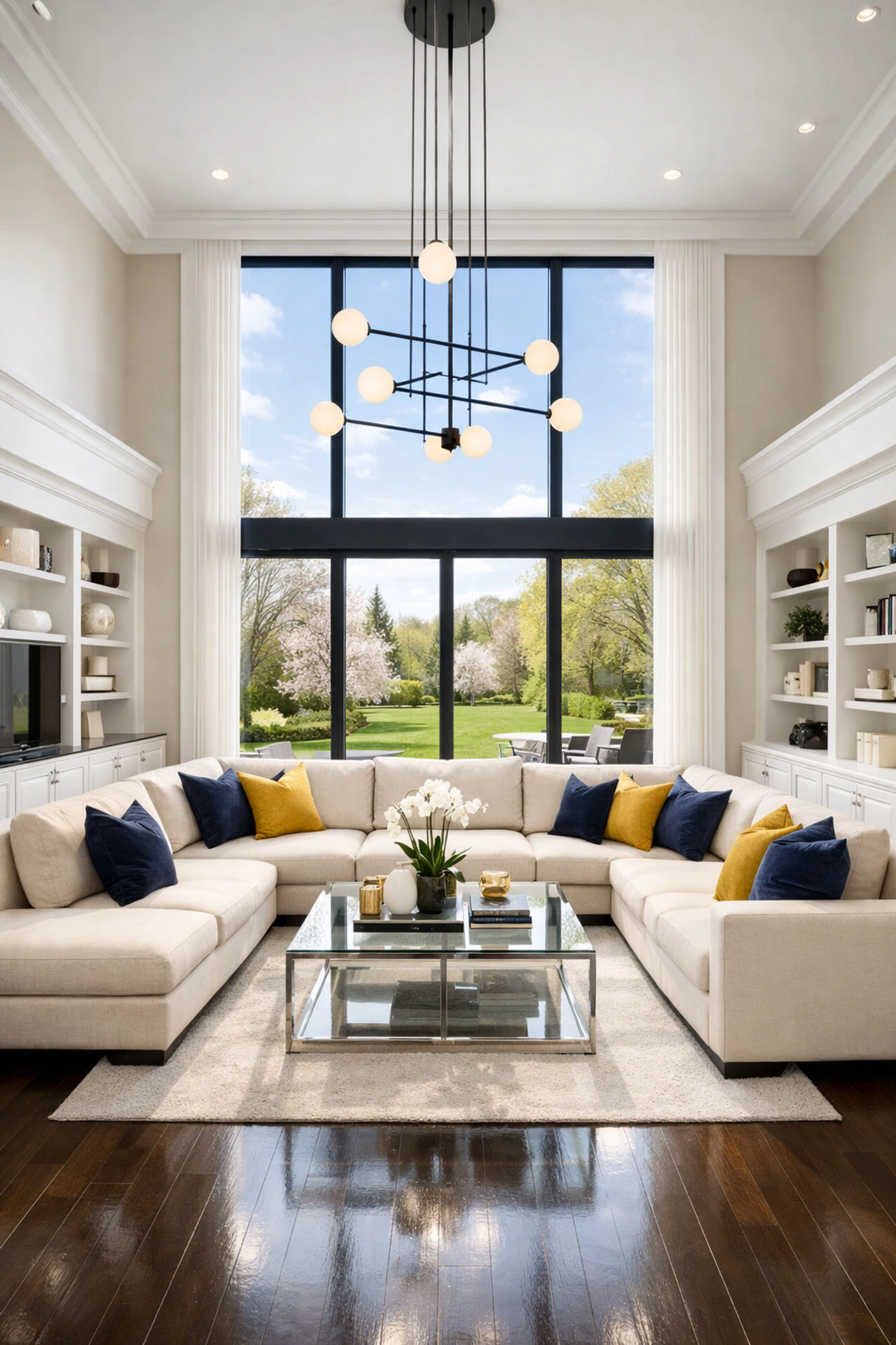 Spotless sunlit living room with clean hardwood floors from luxury house cleaning Natick MA.