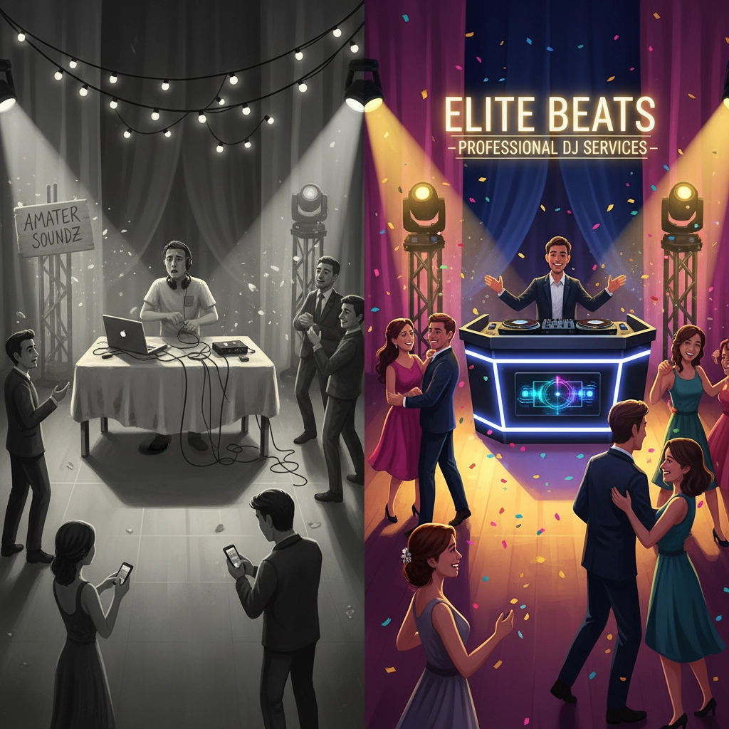 Left: Black and white DJ with "Amateur Soundz" sign, dull mood. Right: Colorful DJ with "Elite Beats" sign, vibrant dance party.