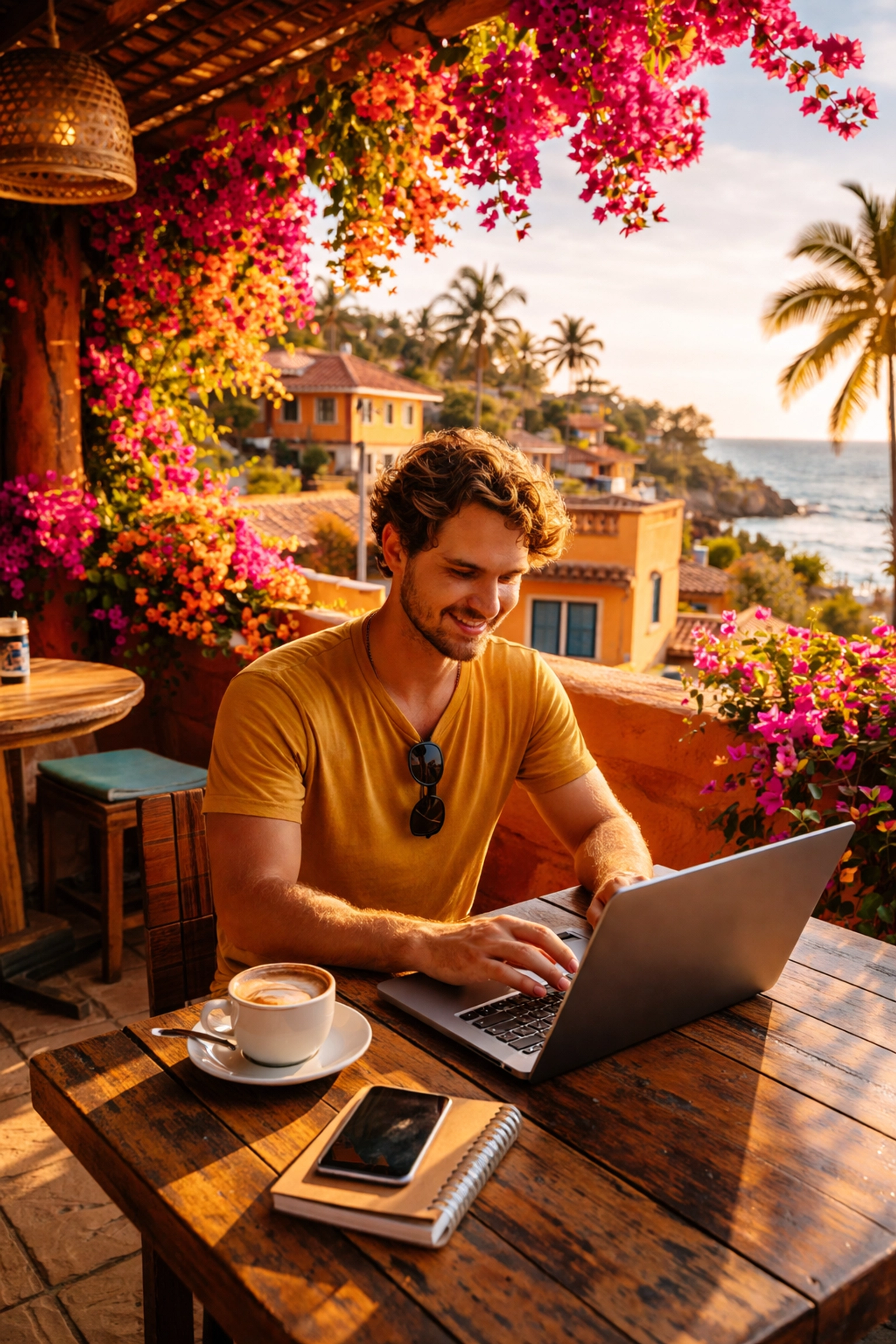Digital nomad working on a laptop at an outdoor cafe in Puerto Vallarta with ocean views and tropical flowers