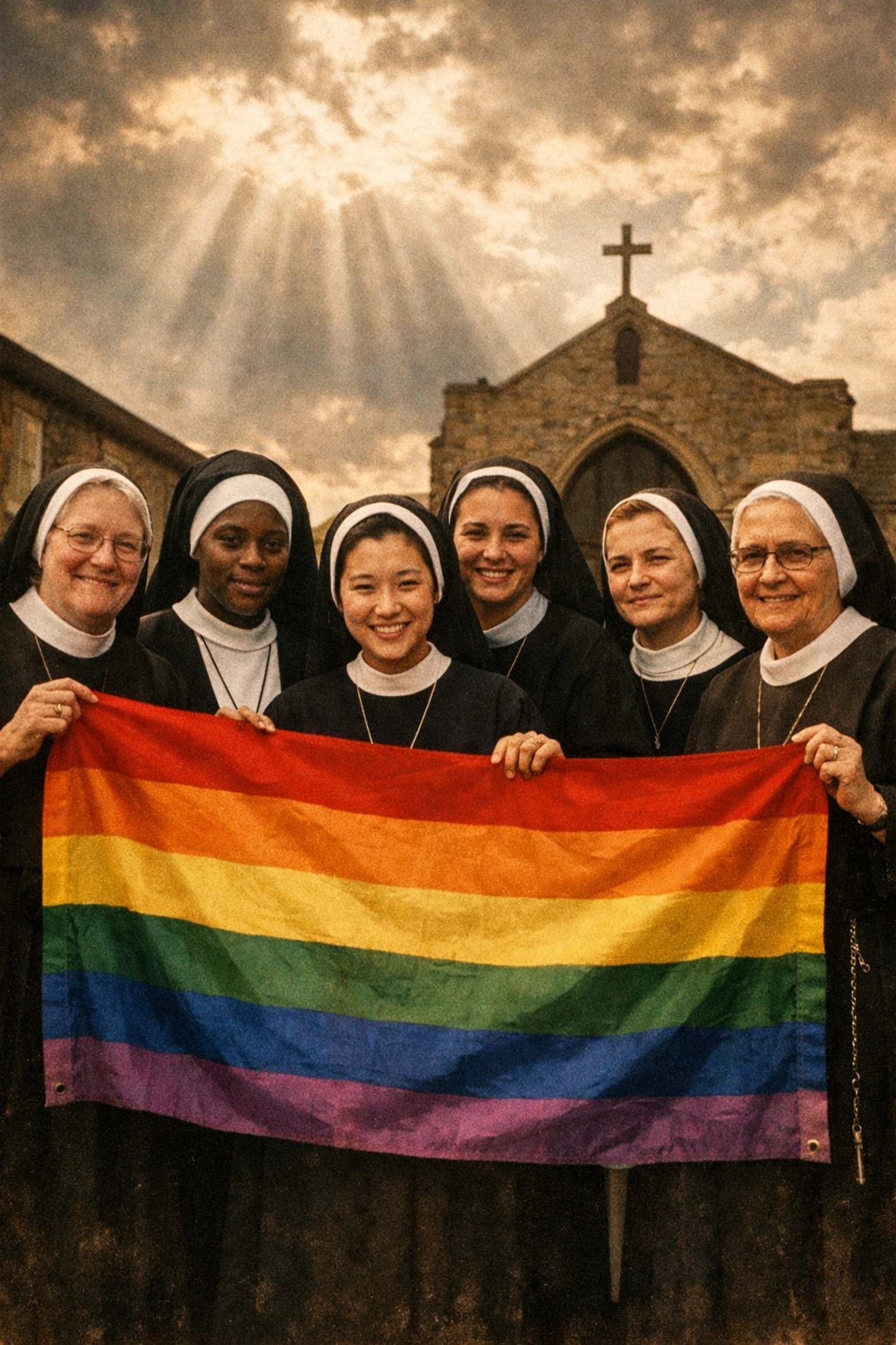 Catholic nuns holding rainbow pride flag in 1970s supporting LGBTQ+ civil rights activism