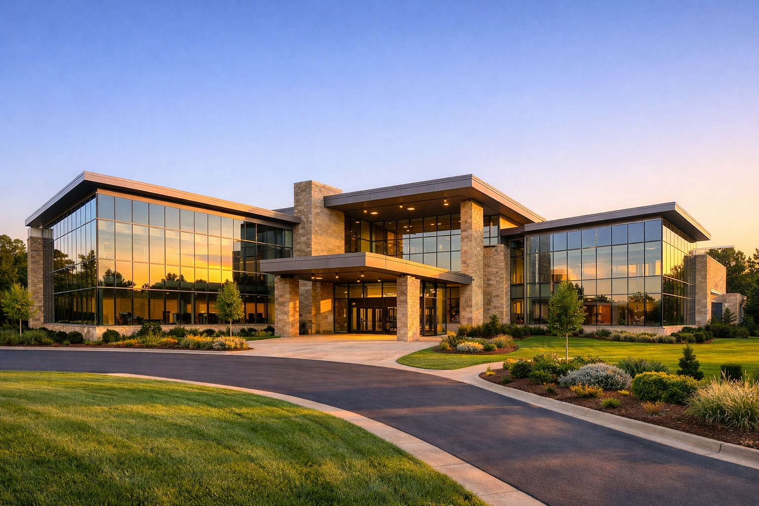 Modern Novant Health medical center architecture in Wesley Chapel NC with professional landscaping.