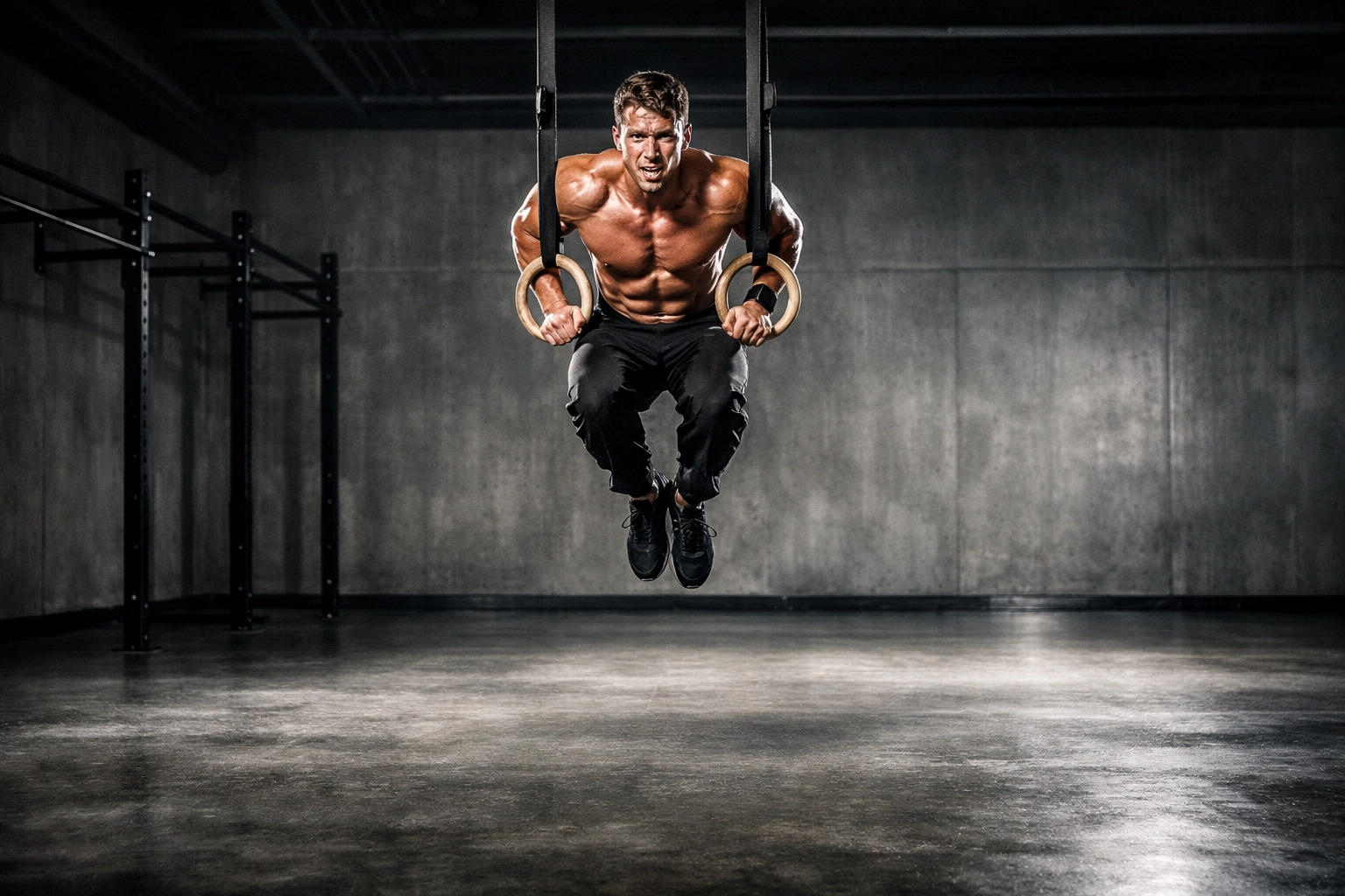 Athlete performing a muscle-up on gymnastic rings in a high-ceiling home gym with plenty of clearance.