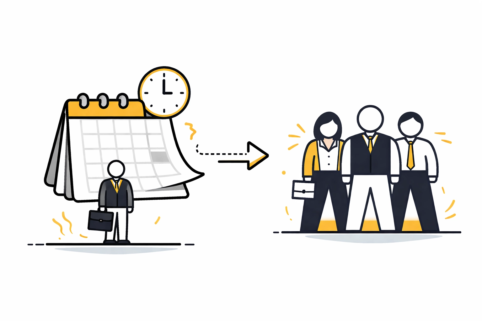 Worker with briefcase joins a team over time, representing changing employee classification and integration