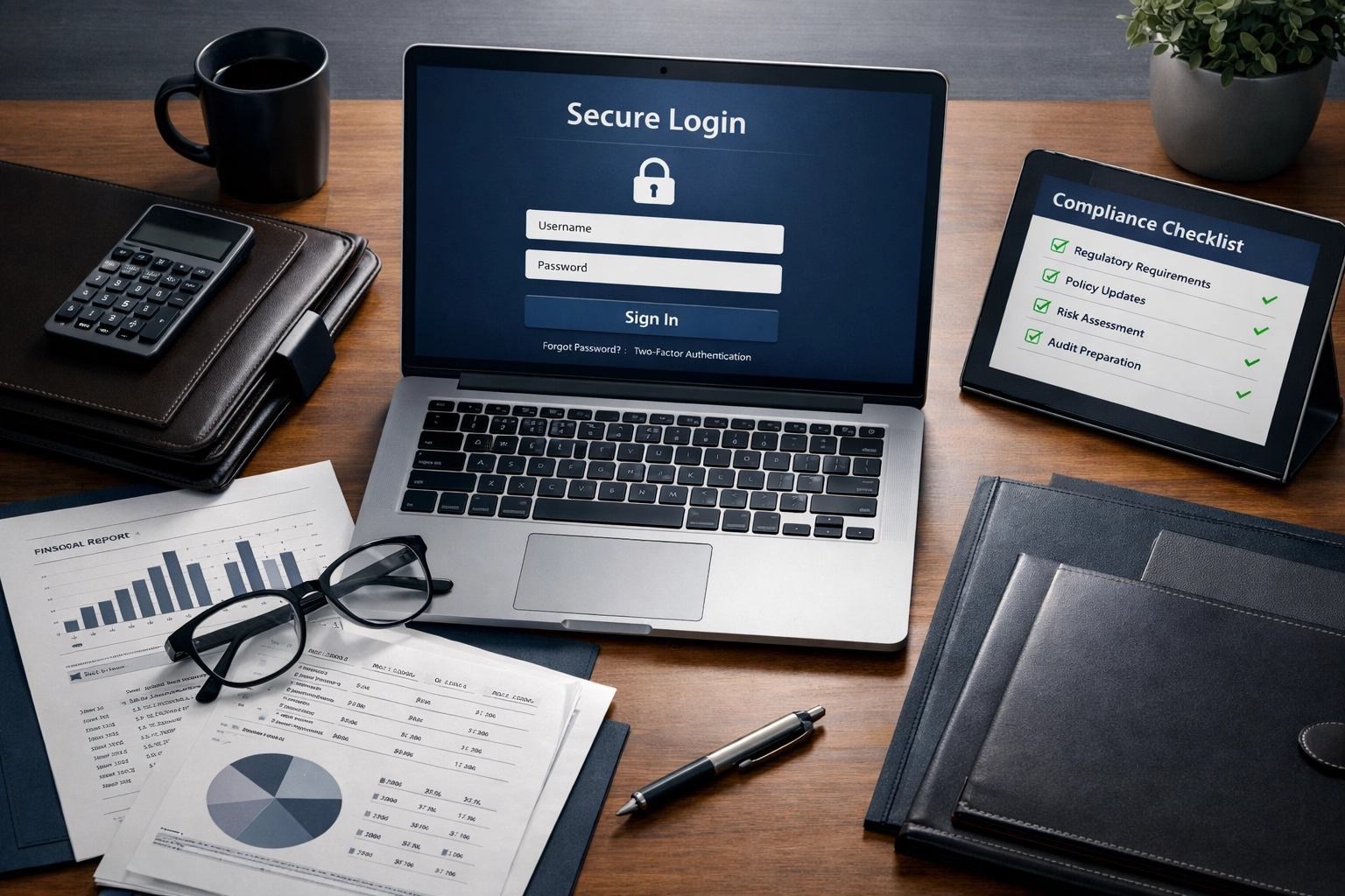 Organized SDIRA investment documentation with digital portal and compliance checklists on desk