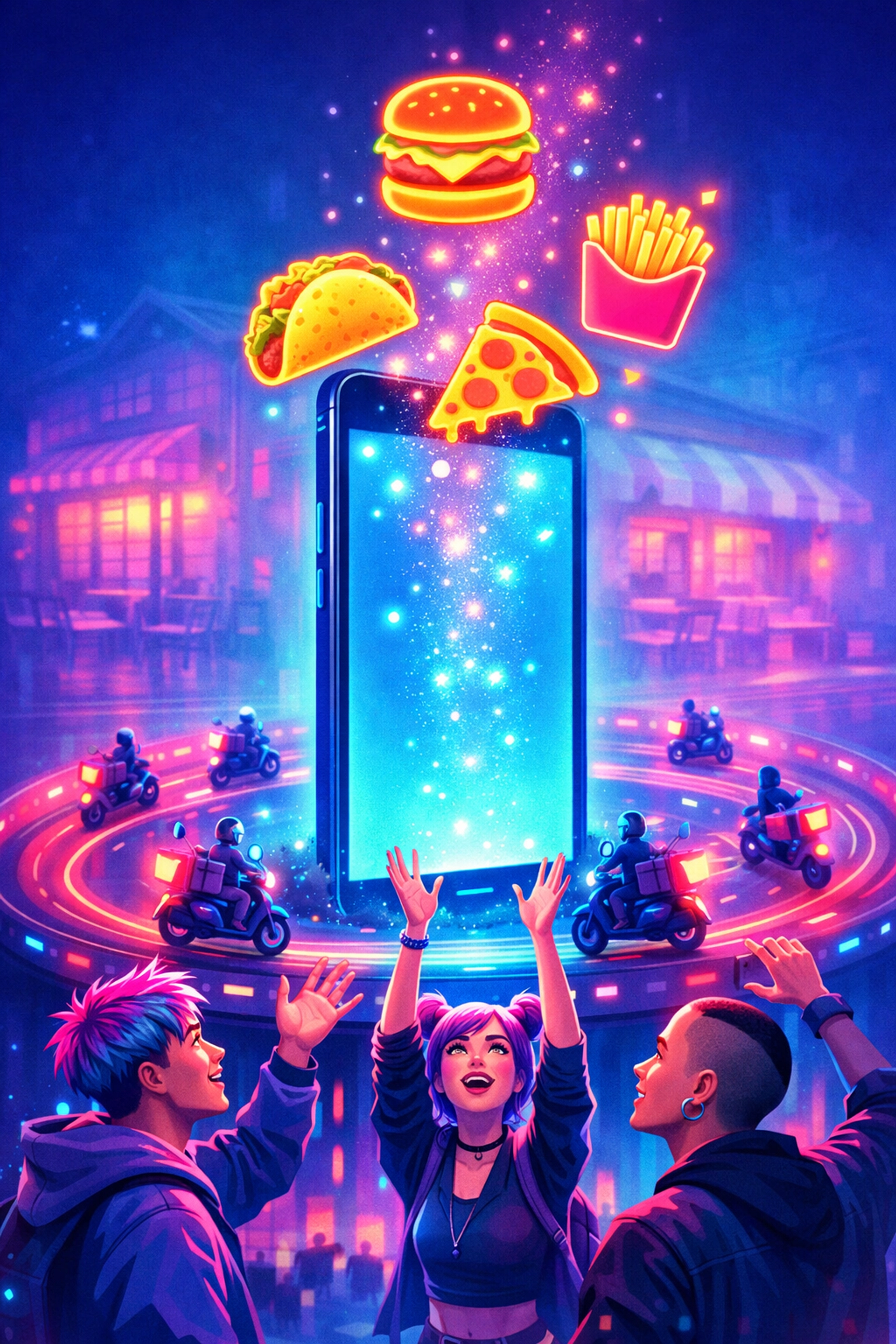 Mobile food delivery and Gen Z off-premises dining trends with smartphone and delivery drivers circling