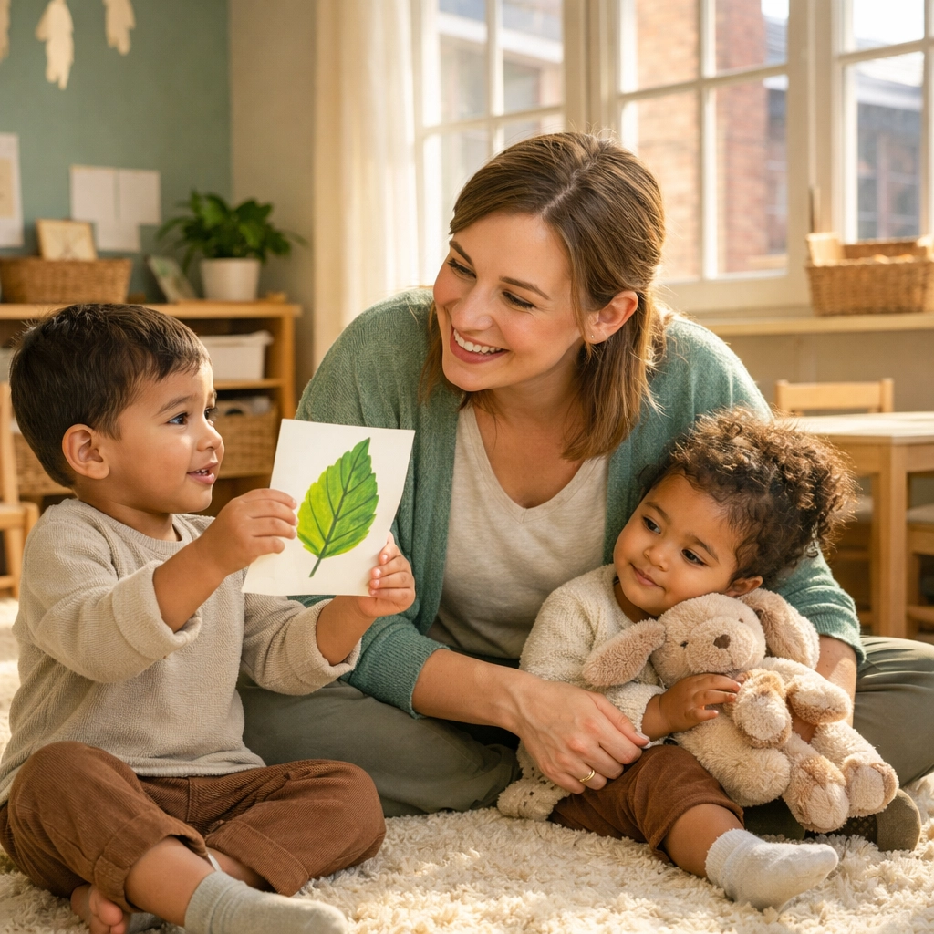 Nurturing educator with toddlers in a cozy Liverpool early learning classroom.