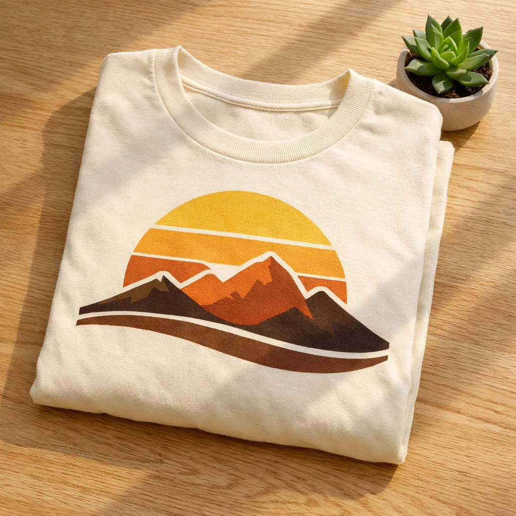 Retro mountain design screen-printed on a premium 2026 summer camp t-shirt.