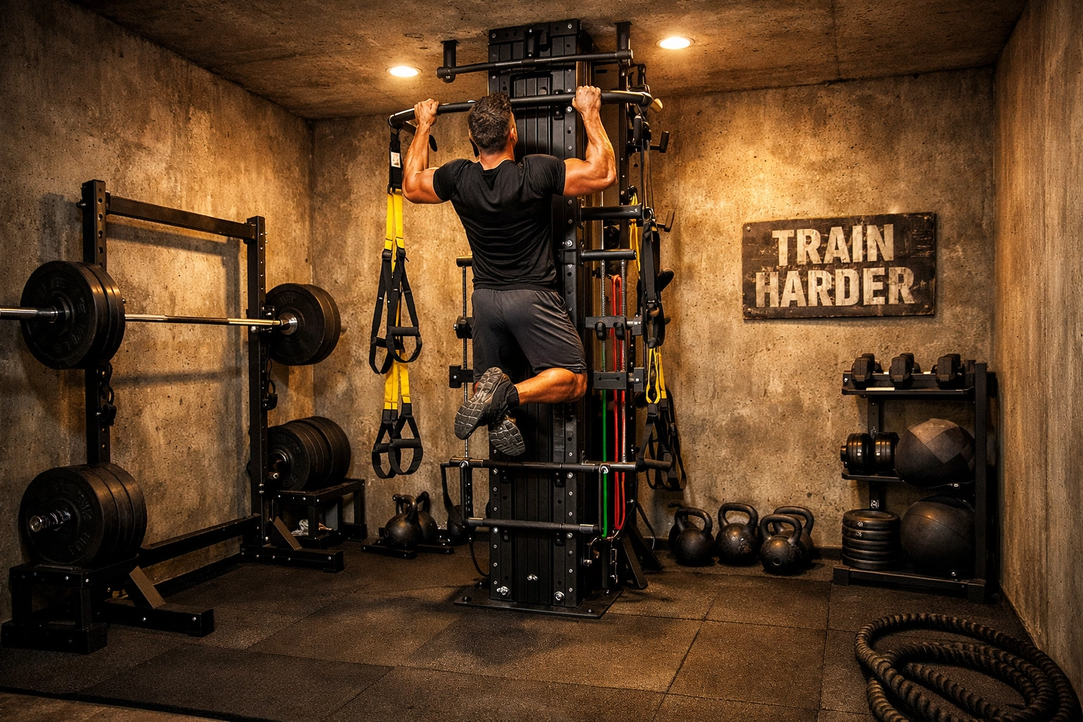 Compact floor-to-ceiling home gym setup with vertical training system and athlete doing pull-ups