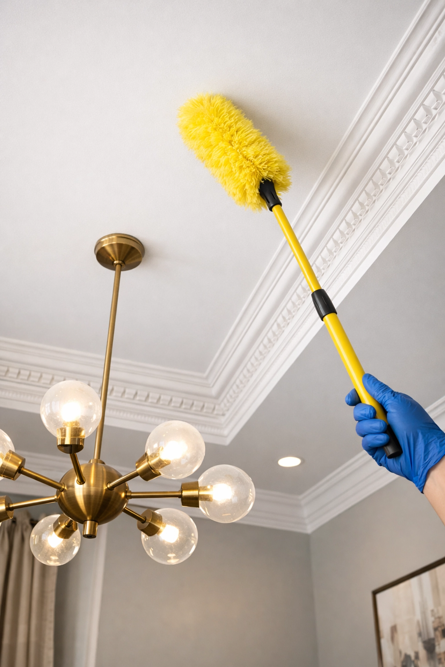 Professional hand dusting high ceiling corners and moldings during a move-out cleaning Worcester MA.