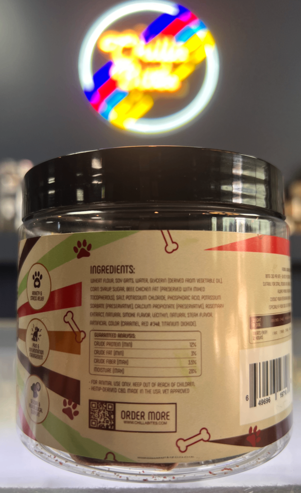 Close-up of the Chilla Barks CBD-Infused Steak Bites label