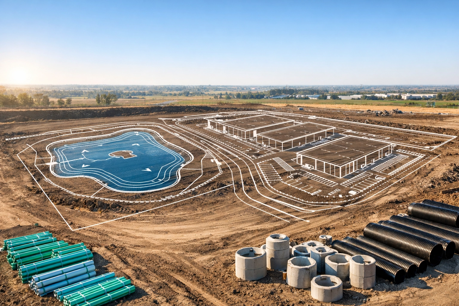 Graded Ontario construction site showing site servicing infrastructure and stormwater management plan overlays.