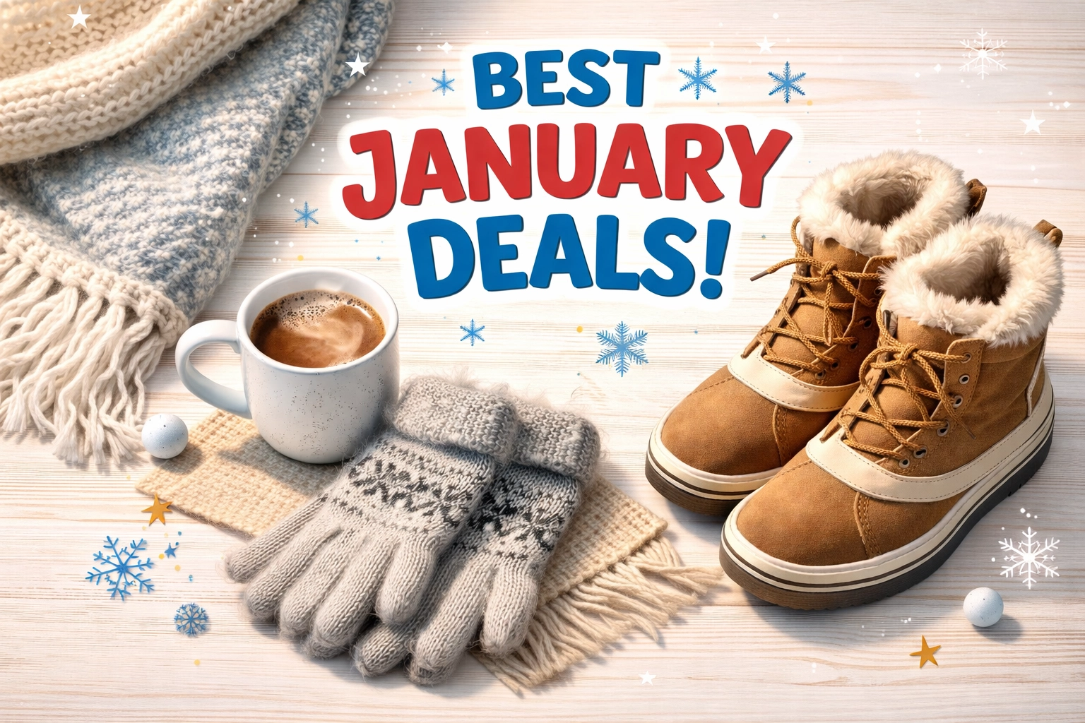 Cozy winter essentials including blanket, mug, and boots showcasing best January deals