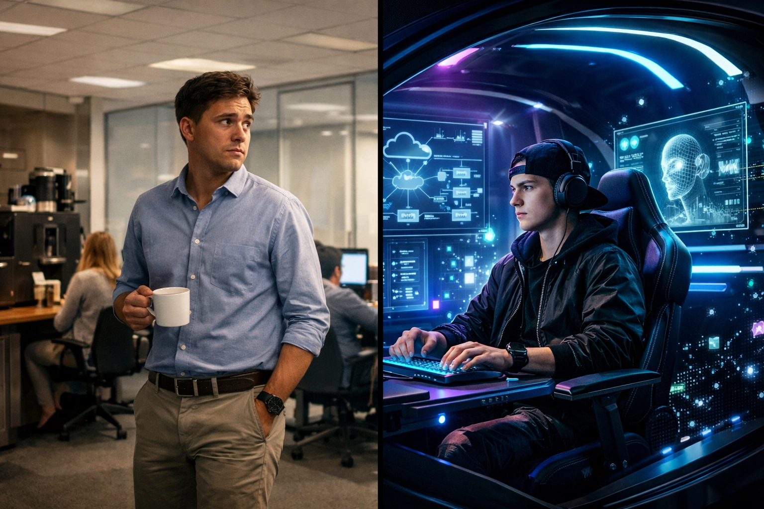 Traditional office internship compared to Gen Z student in modern cloud-powered learning pod