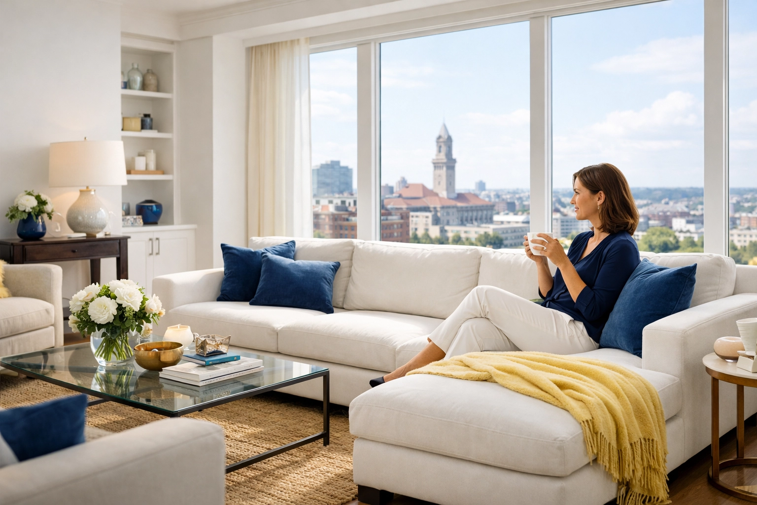 A professional woman relaxes in a clean Worcester living room after hiring residential cleaning services.