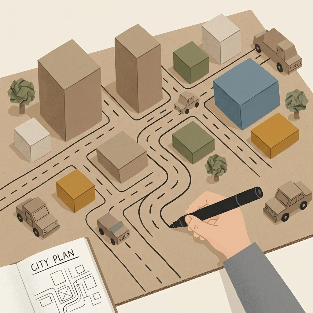 Top-down view of a cardboard city in progress with a child drawing roads, perfect for quick kids' crafts