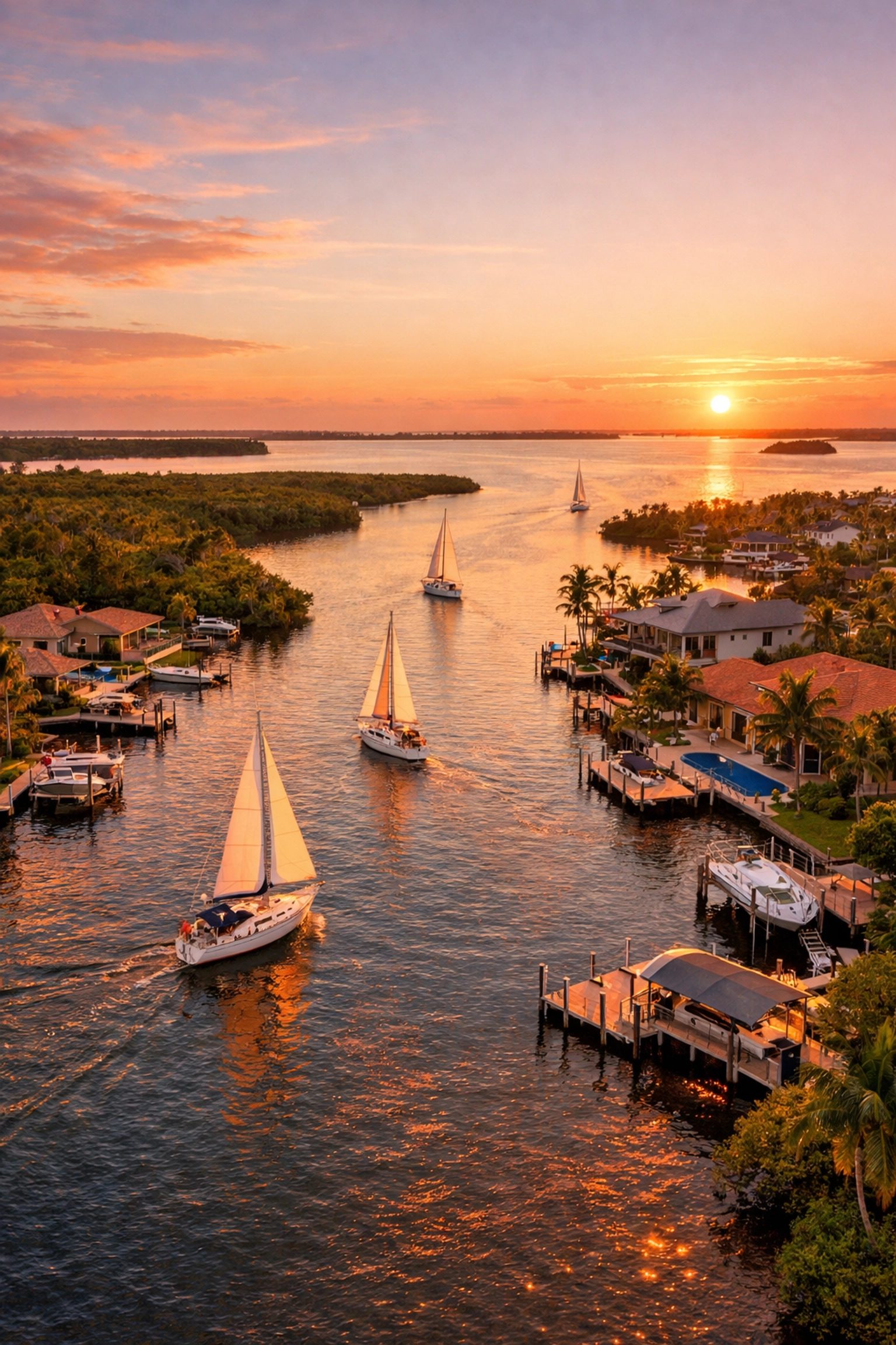 Northwest Cape Coral waterfront homes with boat docks along Pine Island Sound