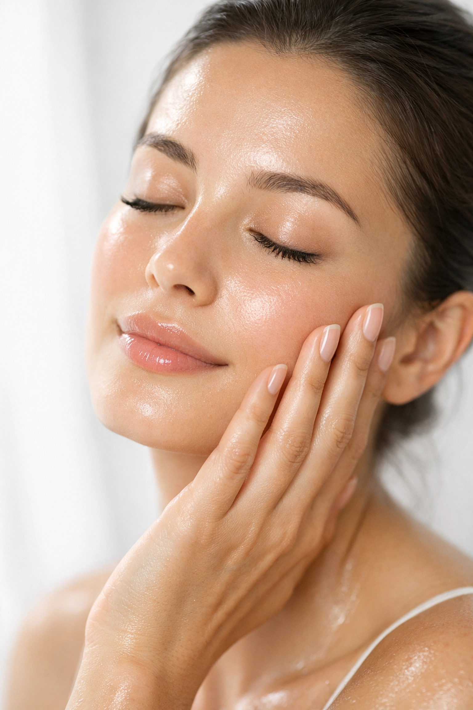 Woman with glowing healthy skin after using clay mask for anti-aging