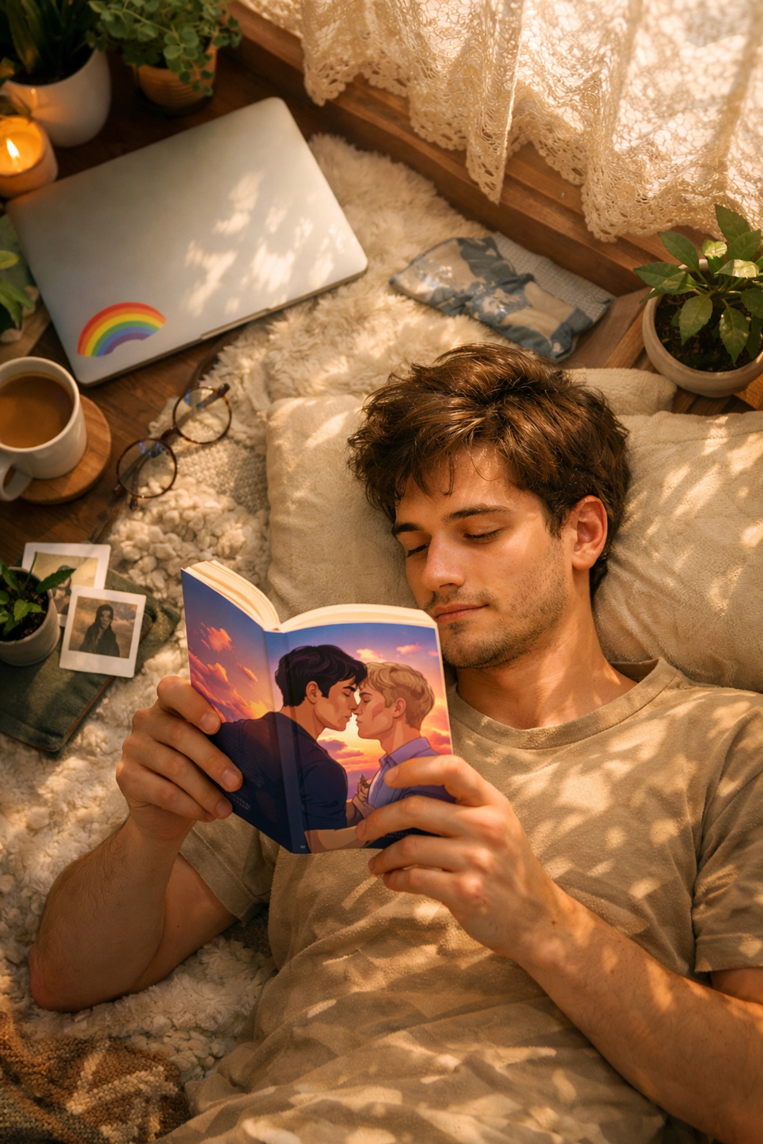 A young man reading an MM romance book in a safe, peaceful bedroom for LGBTQ+ validation.