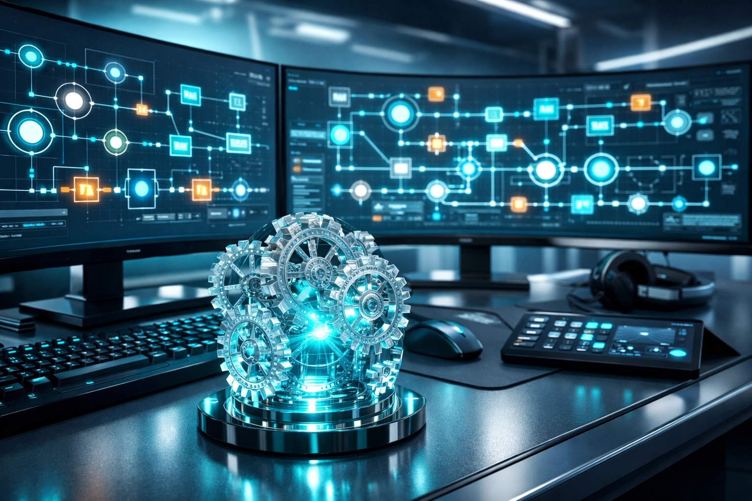 Advanced digital command center showing complex AI automation logic flows and business integration systems.