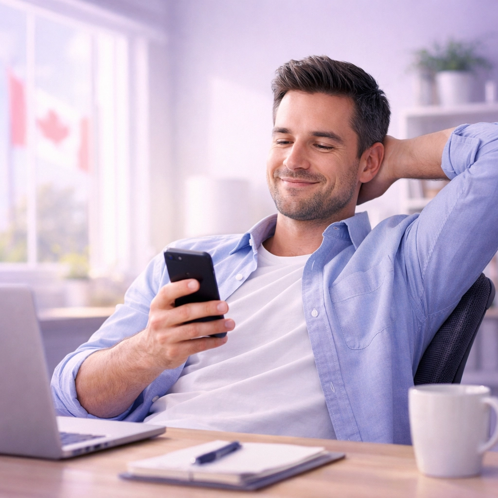 Relieved man in Canada reviewing a bad credit personal loan update on his smartphone.