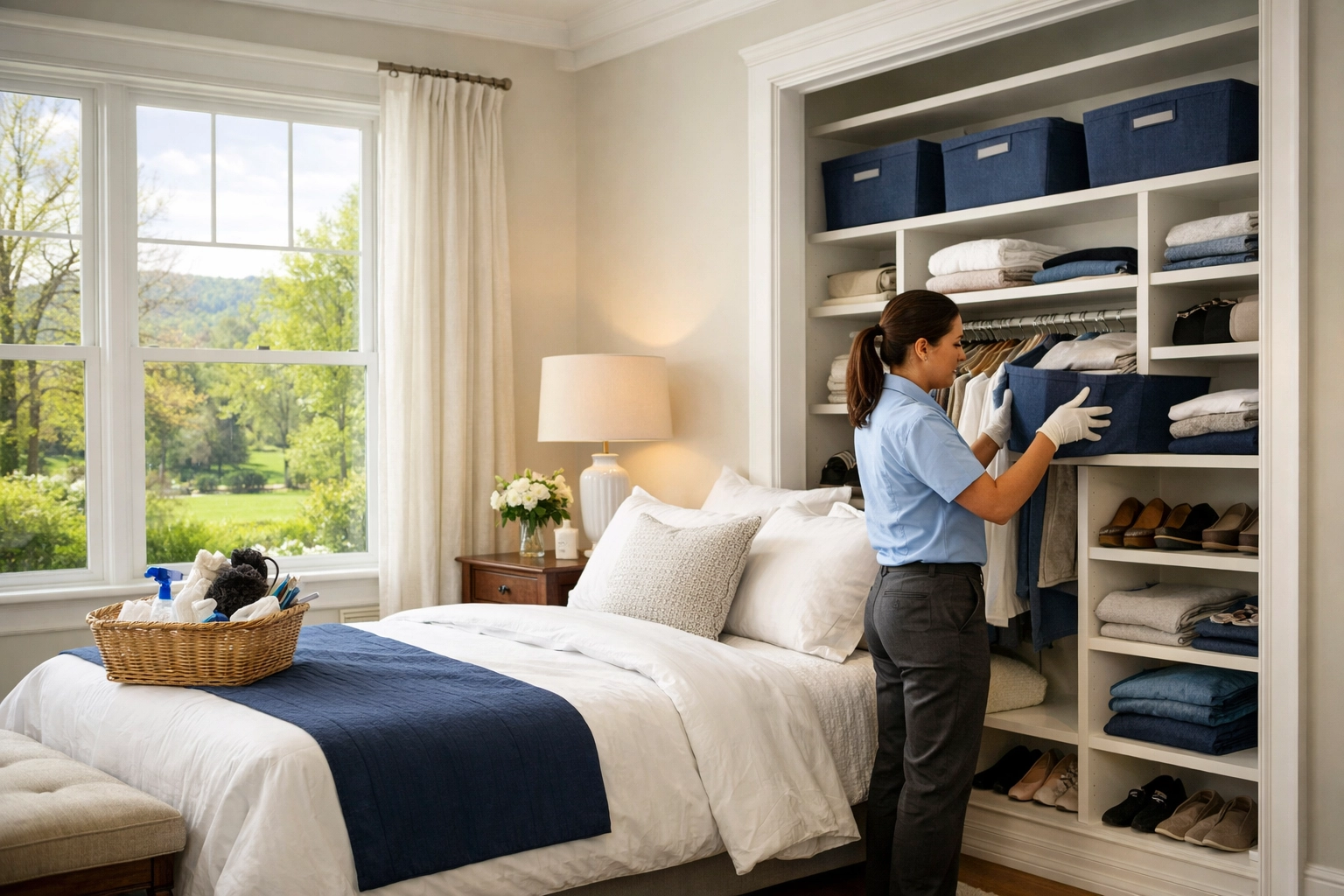Professional cleaners MA organizing a luxury bedroom closet during a healthy spring cleaning strike.