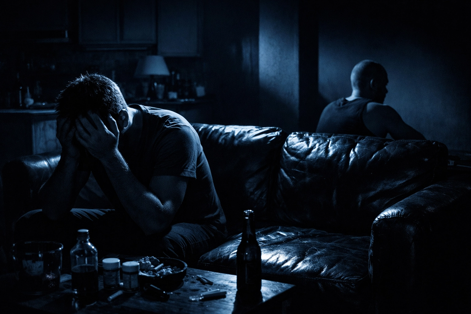 A gay couple sits apart in a dark room, illustrating the heartbreak and isolation of addiction in MM romance.