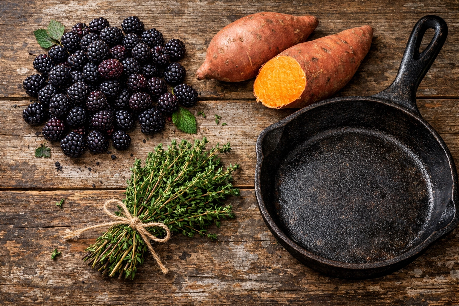 Fresh PNW ingredients and Southern staples like sweet potatoes and blackberries on a farmhouse table.