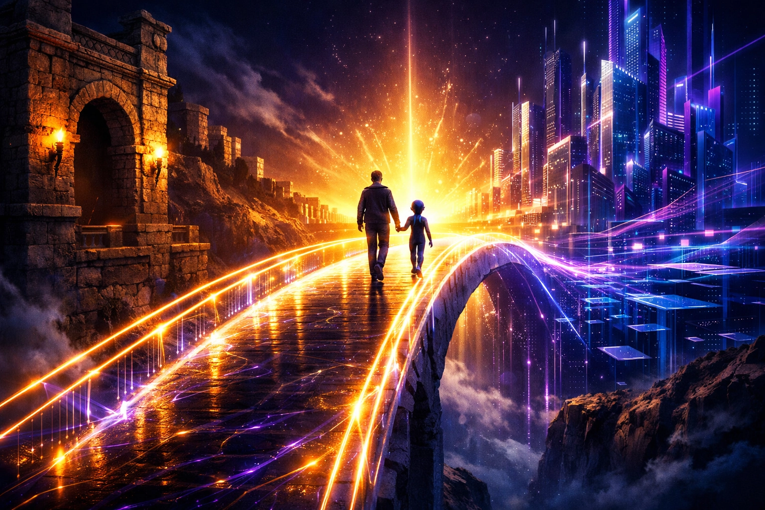 Symbolische Brücke zur digitalen Welt für die KI-Transformation in Unternehmen.