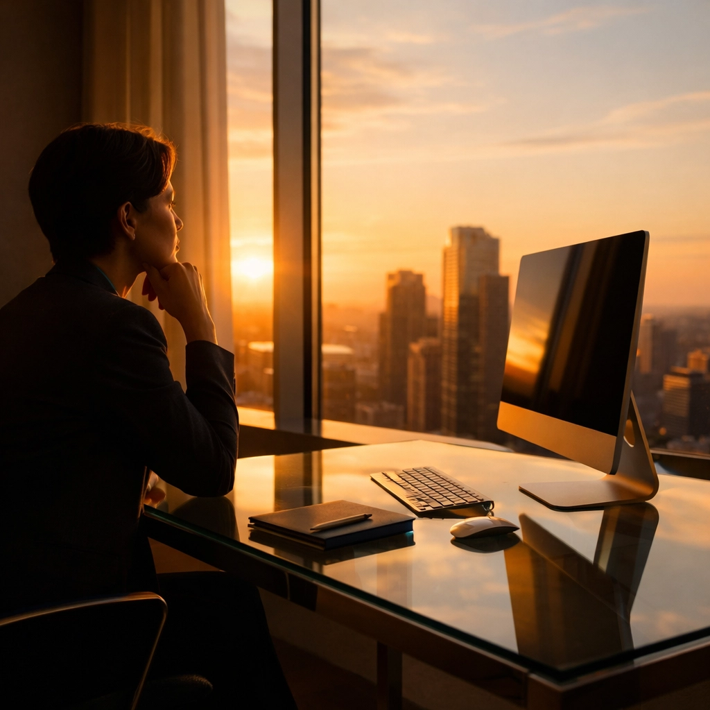 Successful entrepreneur in a modern office utilizing legit online business training and wordpress automation plugins.