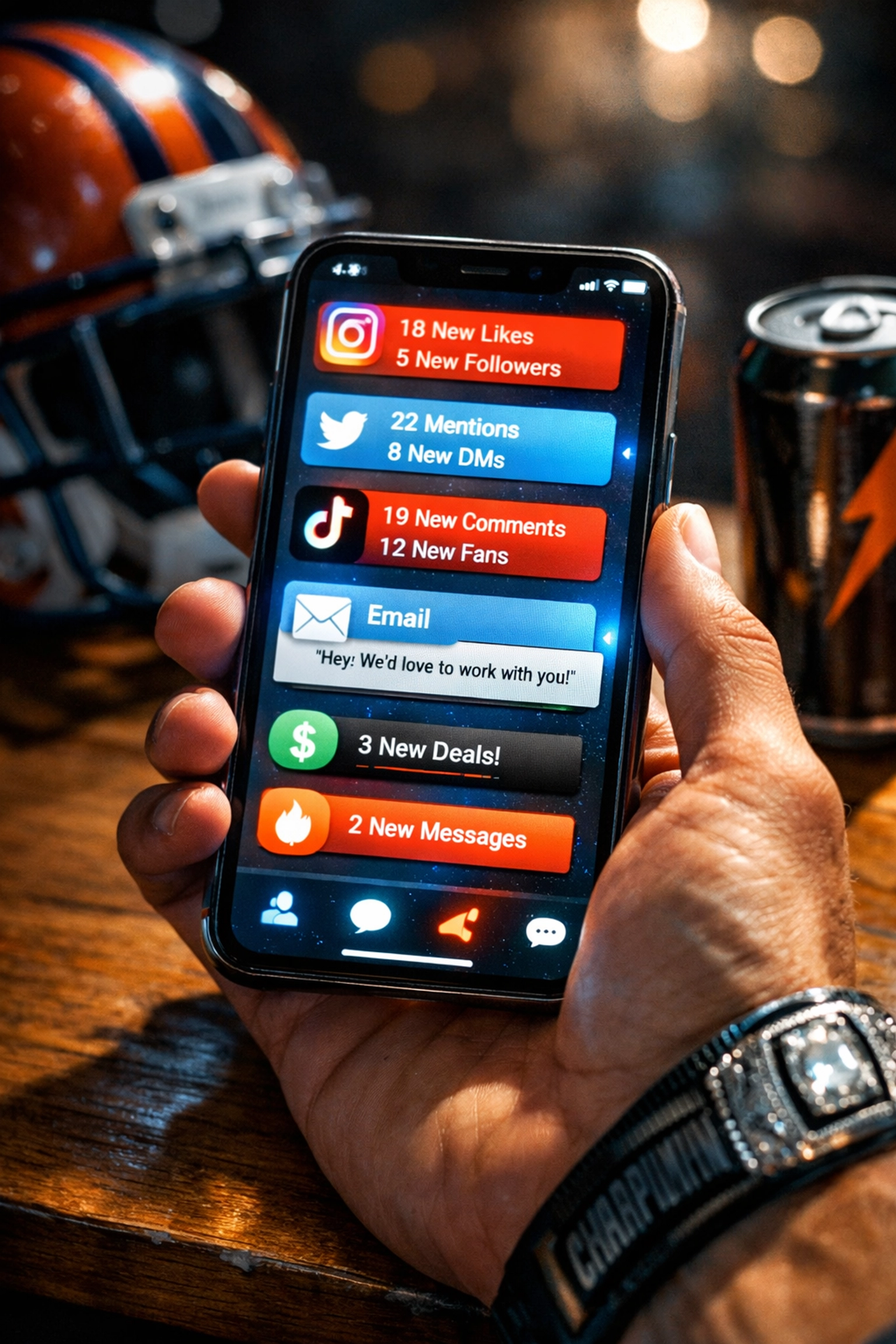 Athlete's smartphone showing social media engagement metrics and brand deal notifications