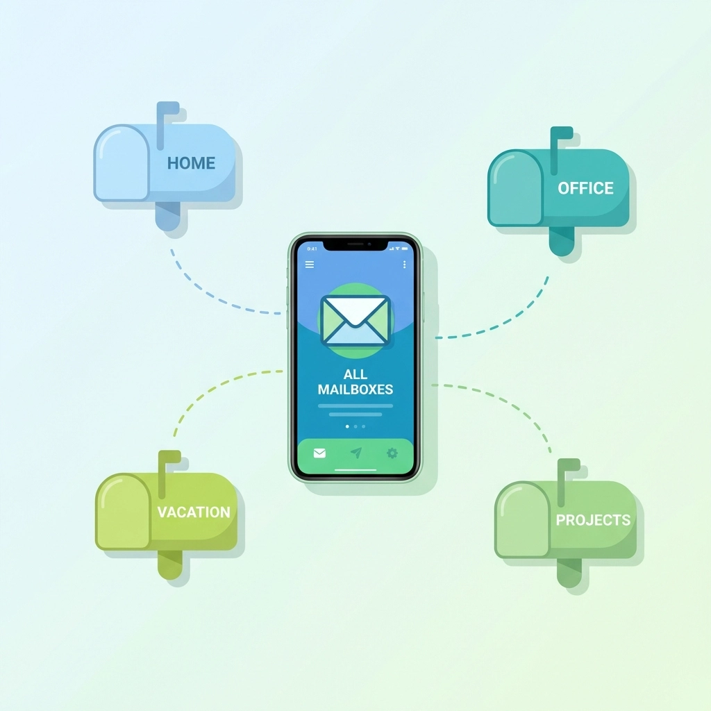 A smartphone displays multiple mailbox icons, showing Zipinmail's virtual mailbox management for multiple addresses.