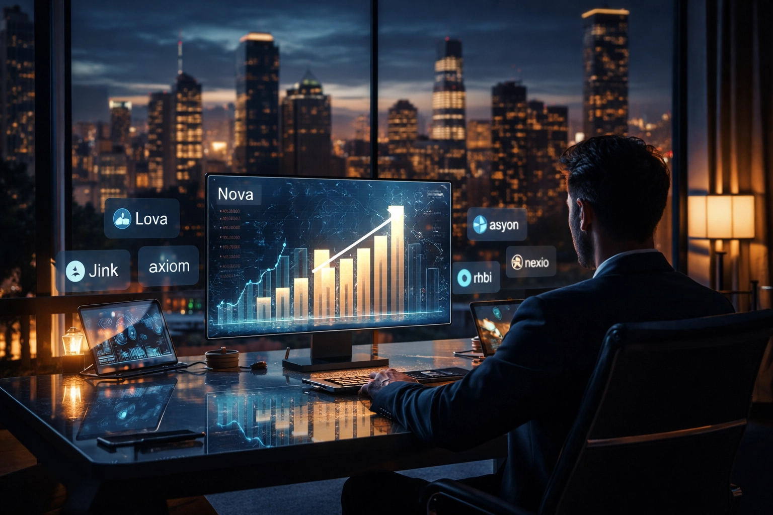Investor reviews startup growth charts in a modern office, illustrating private equity portfolio management for accredited investors