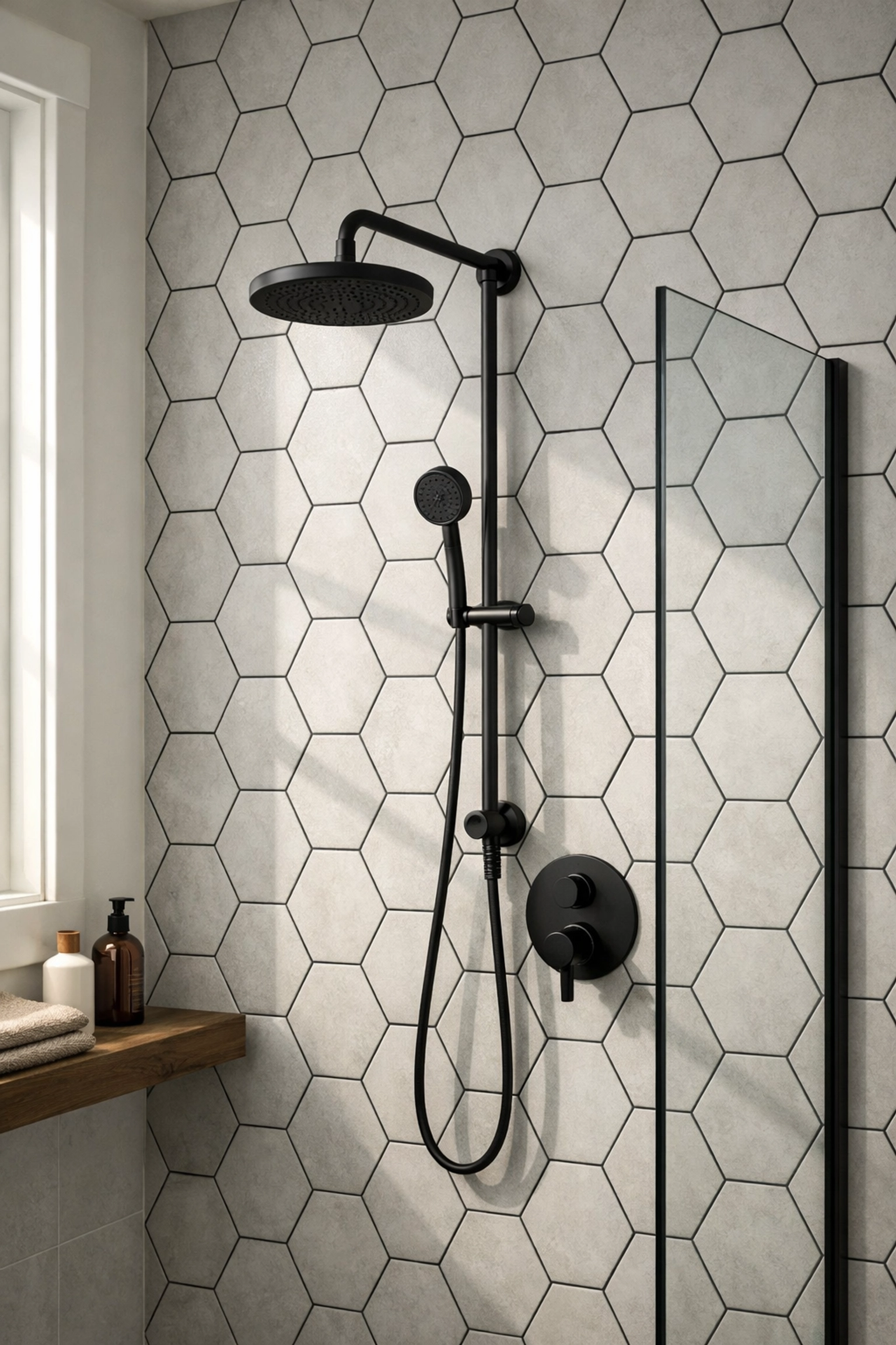 Modern bathroom with light grey hexagonal wall tiles and matte black fixtures for a spa-like retreat.