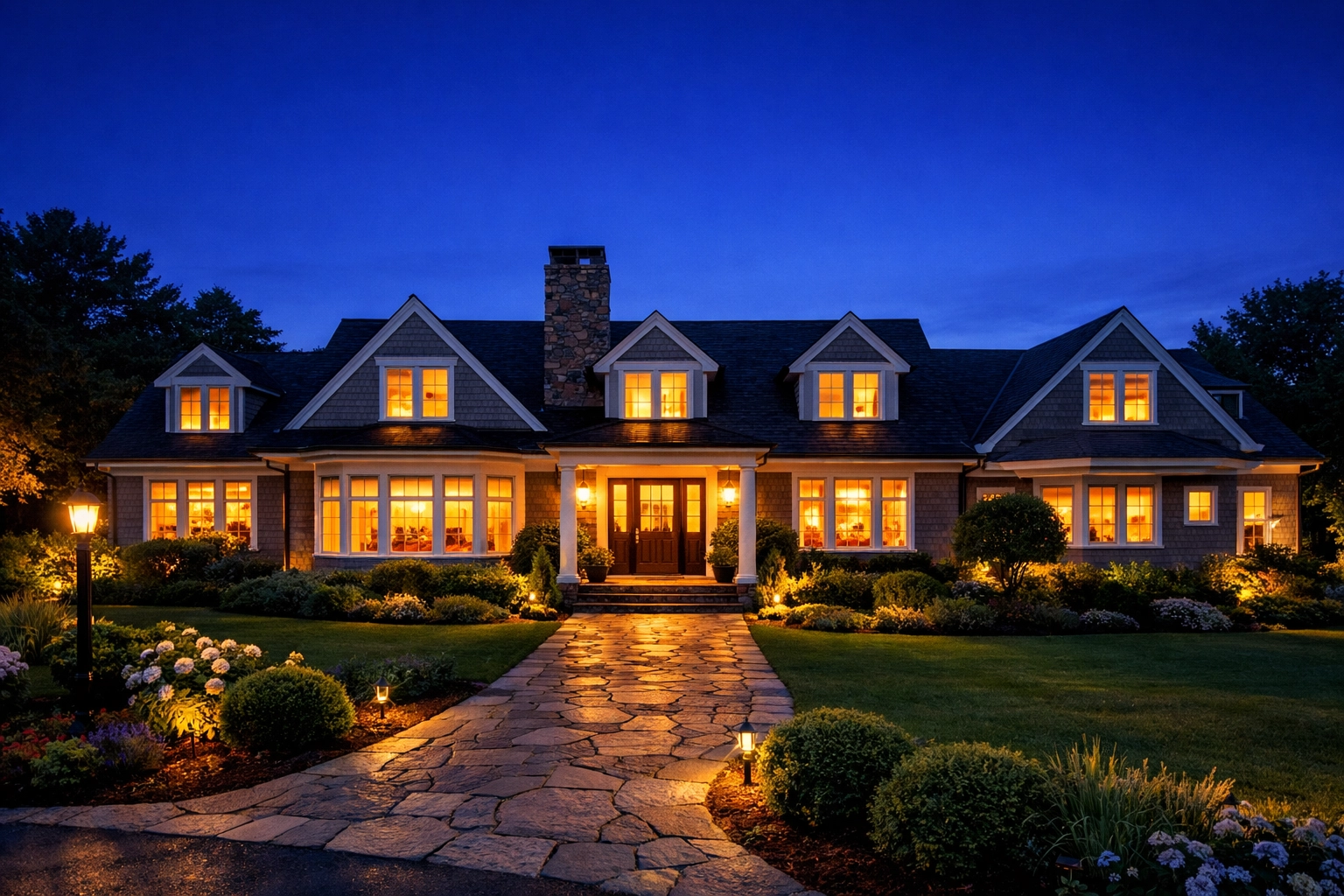 Exterior view of a luxury Wayland estate at twilight, perfectly maintained by professional cleaning services.