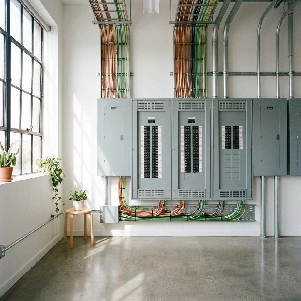 Clean commercial electrical panel room in Maine, showing organized, code-compliant wiring and modern safety standards