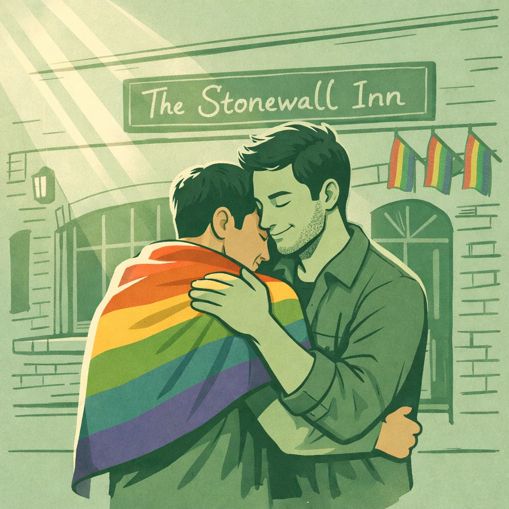 Gay couple embraces at Stonewall National Monument with Pride flag, LGBTQ+ visibility